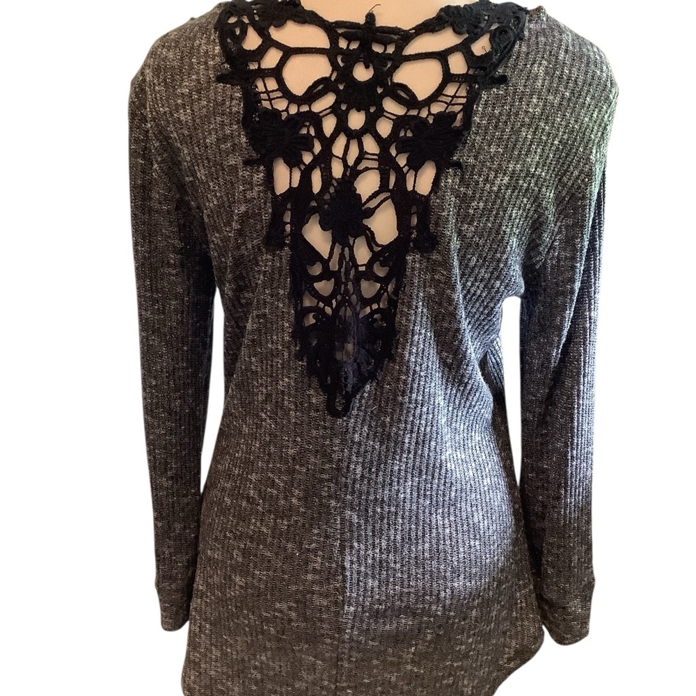 Almost Famous Charcoal & Crochet Knit Top with Black Lace Long Sleeve EUC